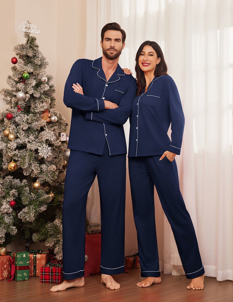Navy couple matching cotton pajamas, button-front tops with contrast trim and long pants