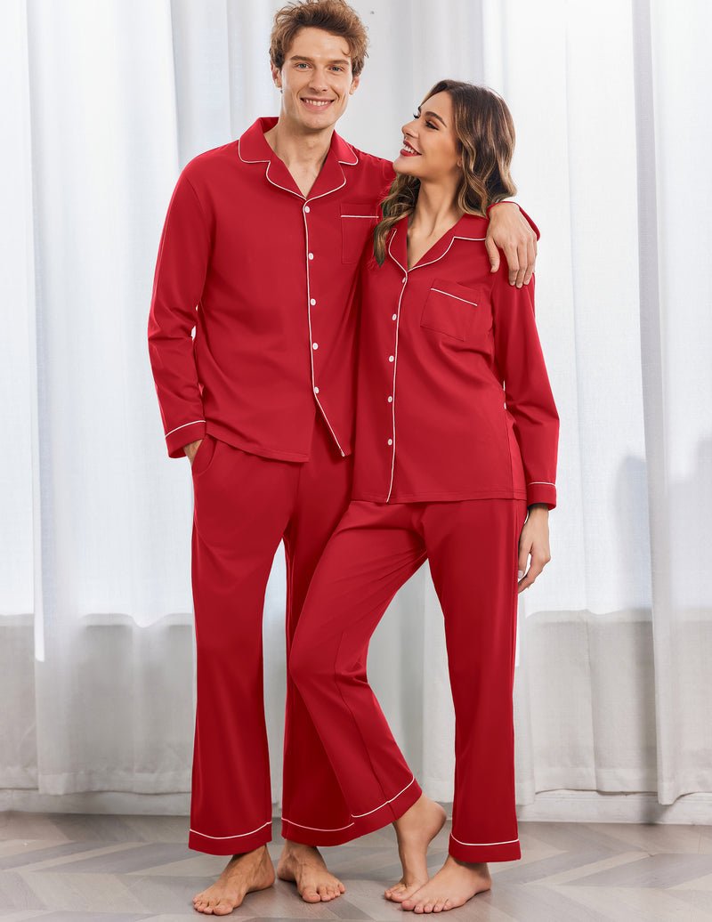 Couple matching cotton pajama set in red, button-front tops and long pants