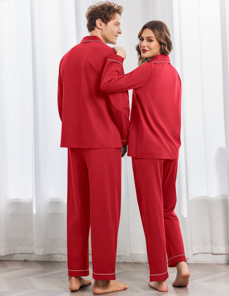 Red couple pajama set, long-sleeve button tops with contrast piping, back view