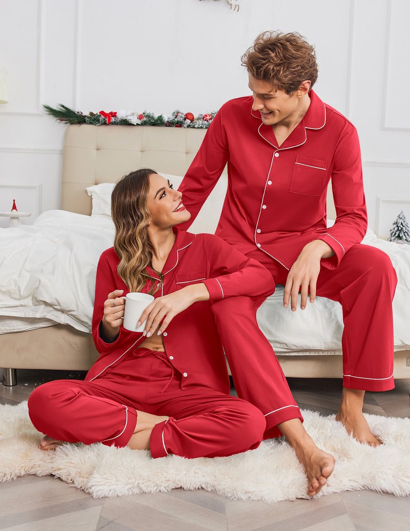 Red cotton pajama set for couples, button-front shirts and long pants lounging