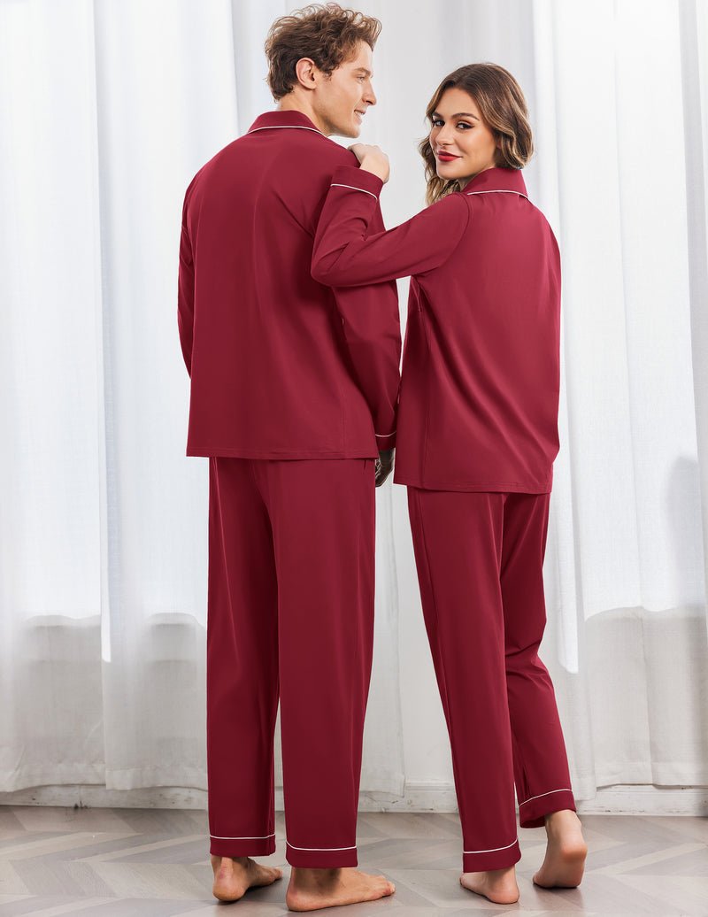 Back view of wine-red cotton couple pajama set, long-sleeve tops and matching pants