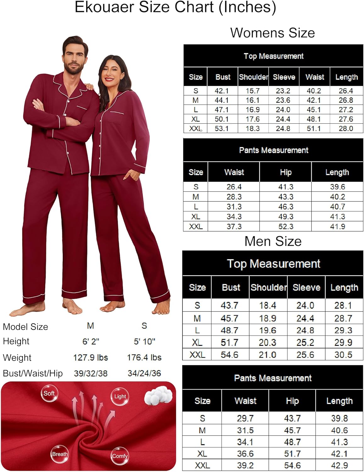 Ekouaer size chart for women and men pajama sets, top and pants measurements