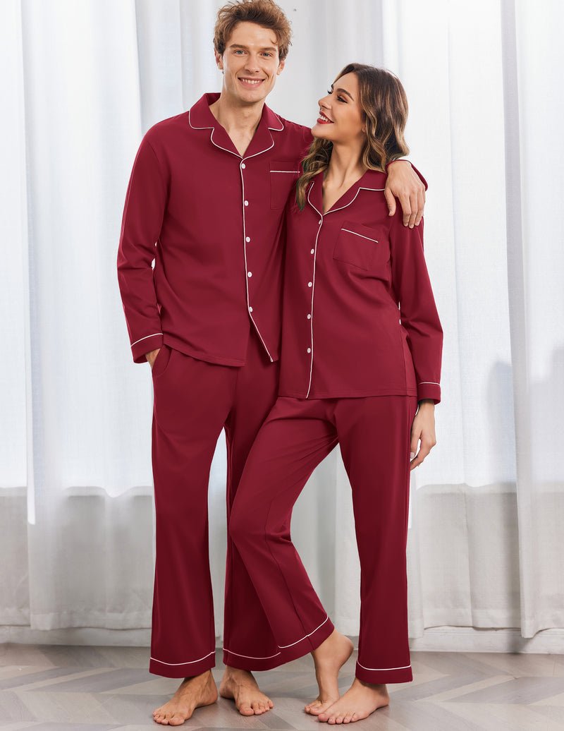 Wine-red cotton couple pajama set, button-front tops with pocket, matching trousers
