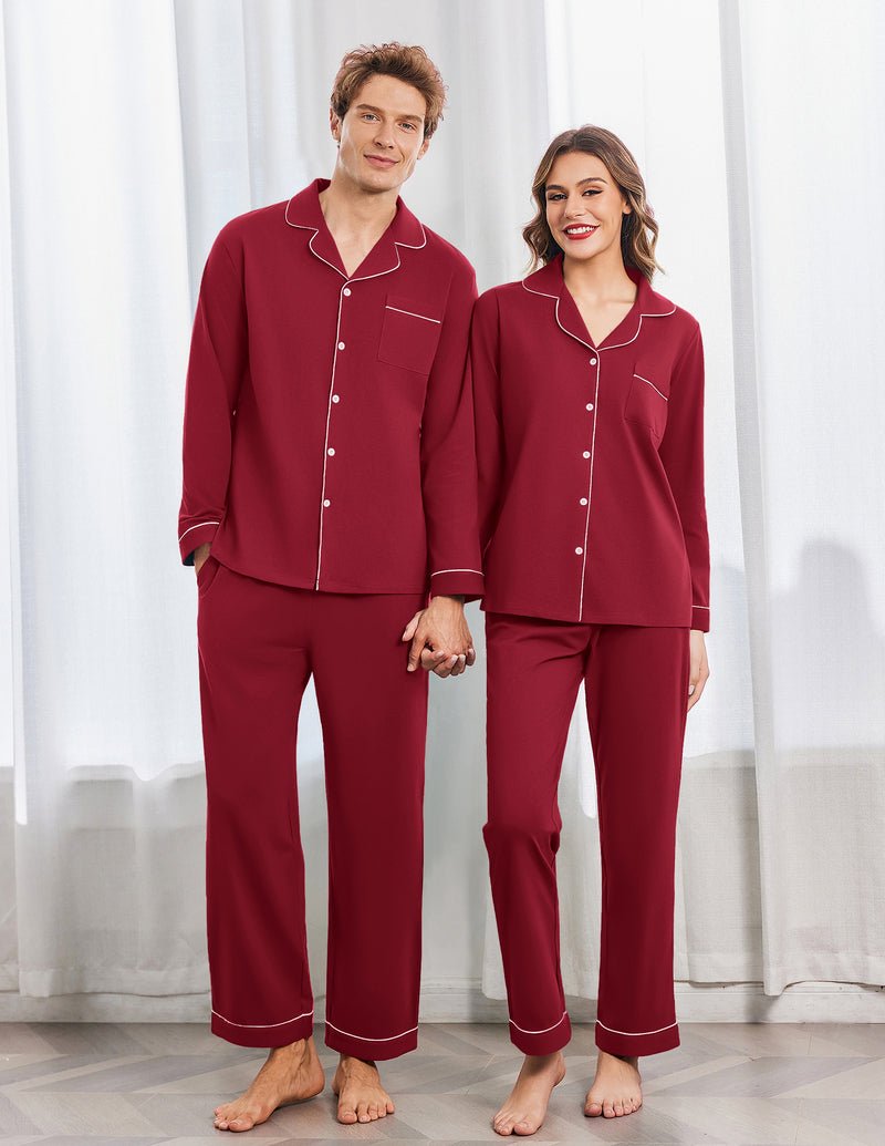Wine-red cotton couple pajama set: button-up tops with piping, matching long pants