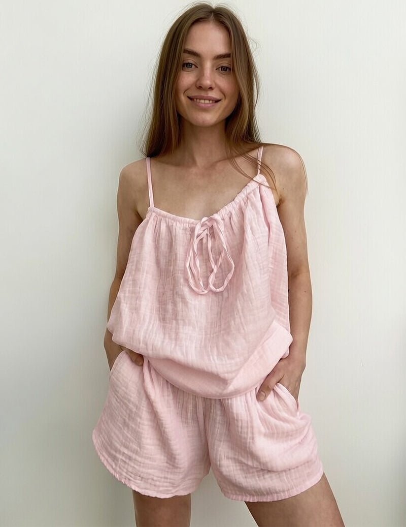 Pink cotton crinkle lounge set: spaghetti-strap camisole with tie and matching shorts