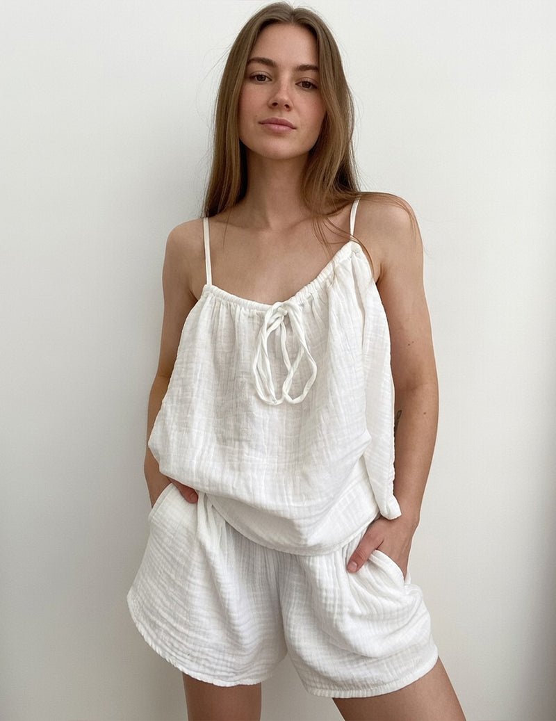White cotton crinkle lounge set: camisole with tie and drawstring shorts