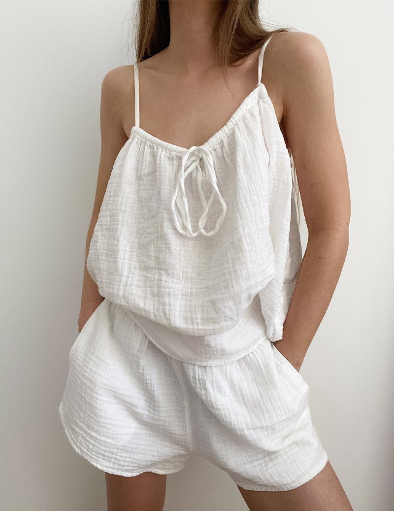 White crinkle camisole with tie straps and drawstring elastic-waist shorts set