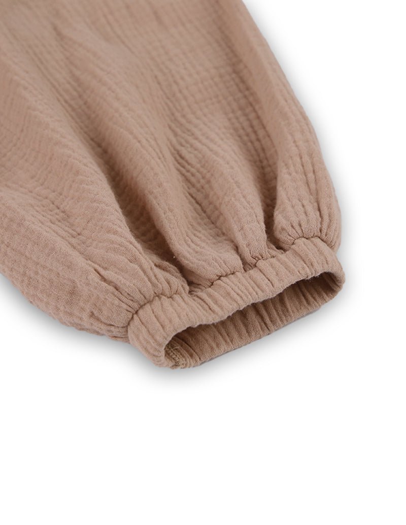 Cotton double crinkle yarn robe cuff, khaki knit hem with gathered sleeve end