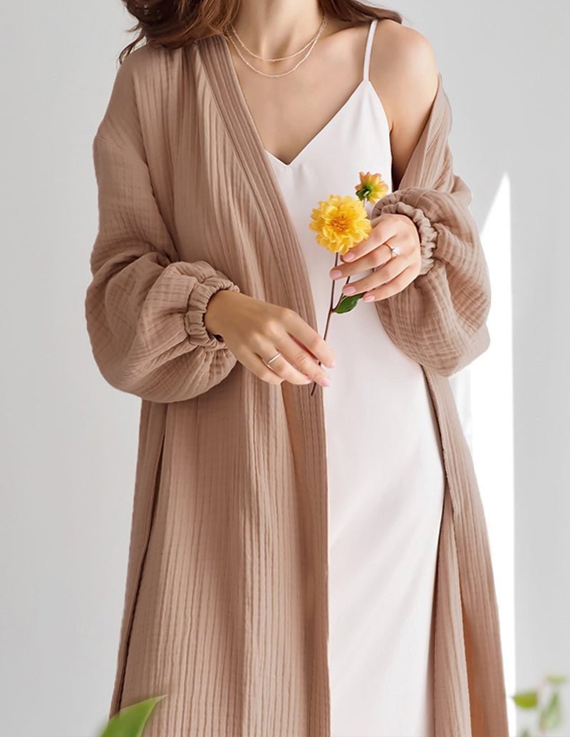 Khaki cotton robe with open V-neck and draped front, tie at waist