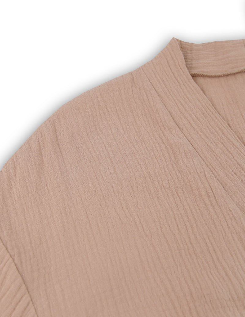 Khaki cotton double crinkle fabric robe edge and collar seam detail