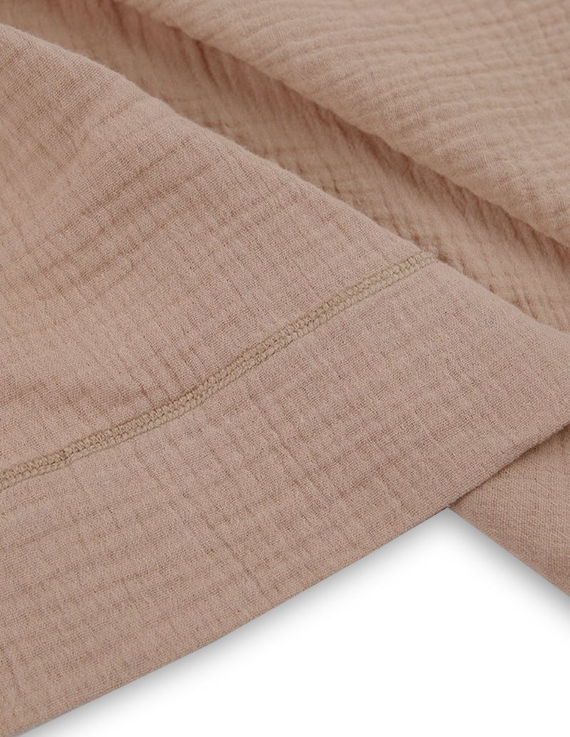 Khaki cotton robe sleeve seam and stitched edge on crinkle texture