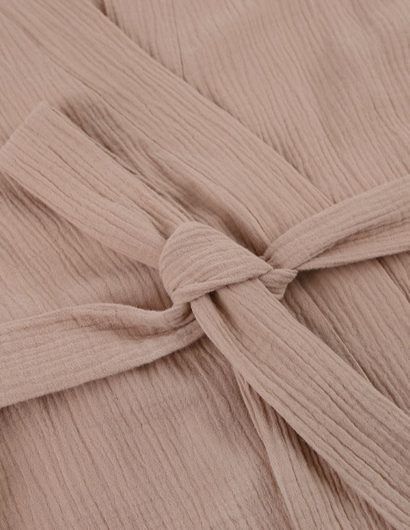 Khaki wrap robe belt crossing the V-neck front, double crinkle texture