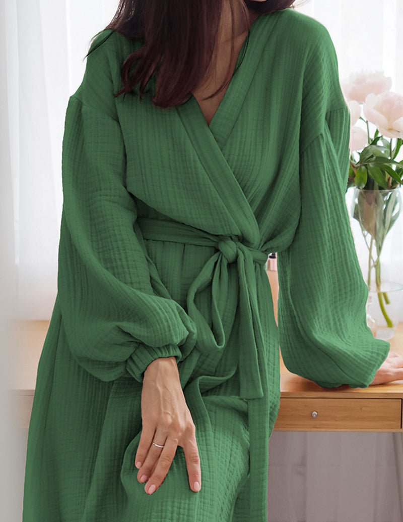 Green cotton double crinkle robe with tie belt and V-neck wrap front