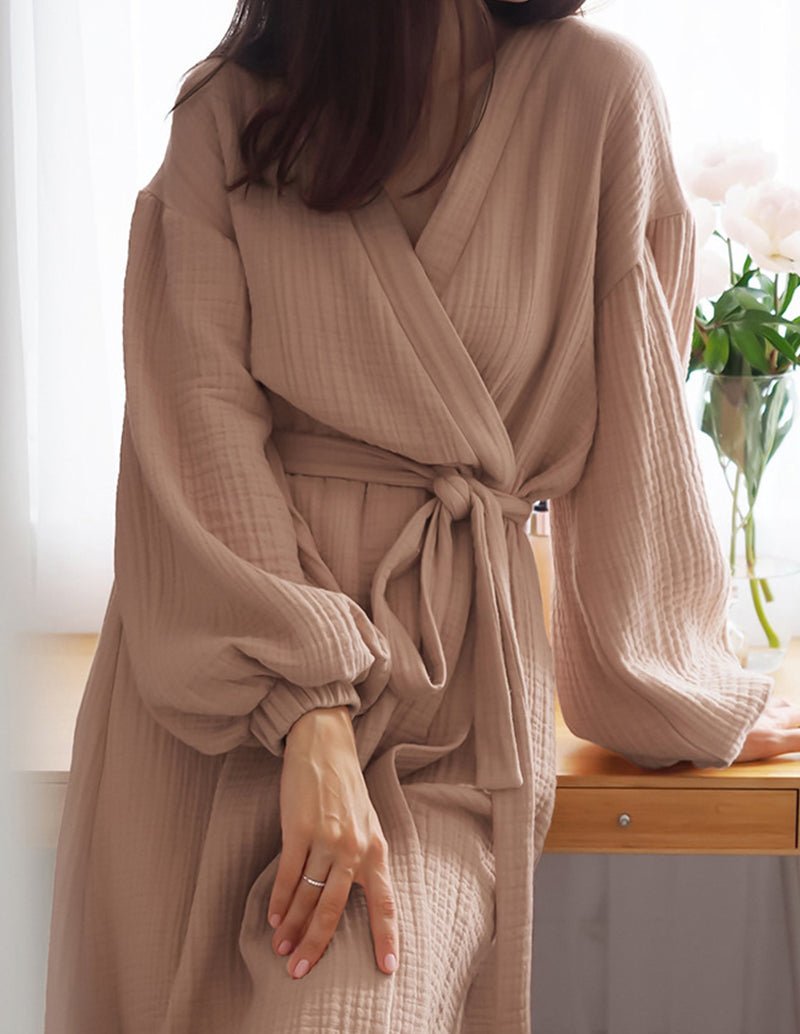 Khaki cotton double crinkle robe with tie belt, V-neck wrap style sleeves