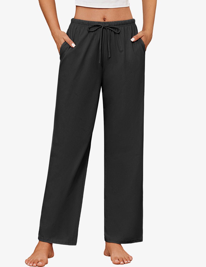 Black cotton pajama pants with elastic waistband and drawstring, relaxed wide-leg