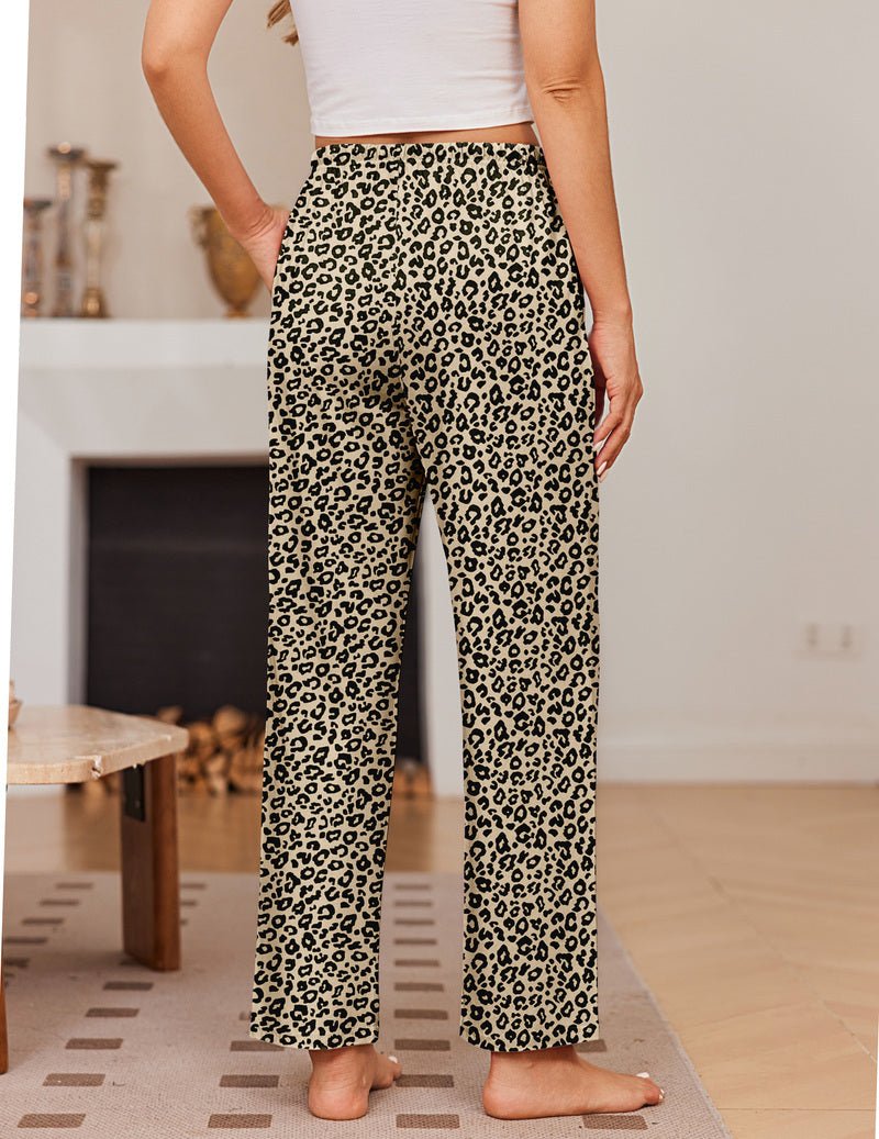 Leopard print pajama pants with elastic waistband and drawstring, loose wide legs