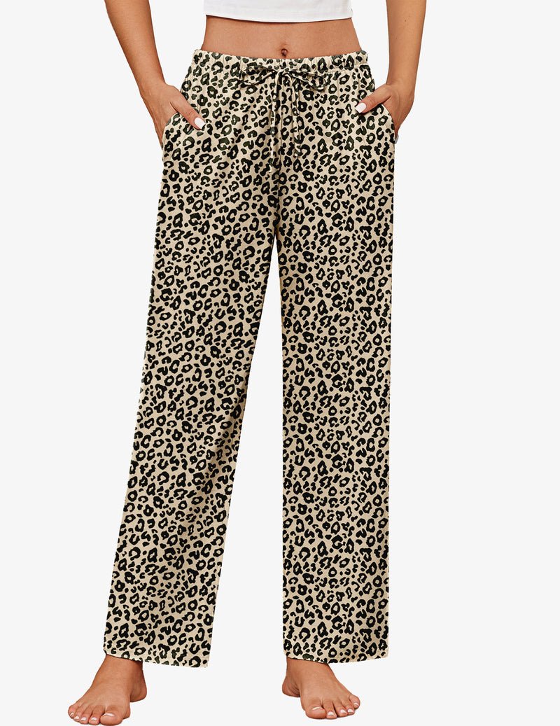 Light leopard print cotton pajama pants with elastic waist and drawstring