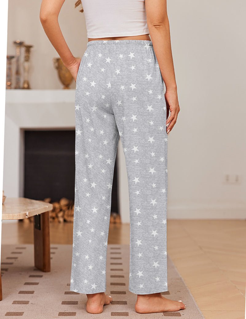 Star-pattern cotton pajama pants with elastic waistband and drawstring, light grey