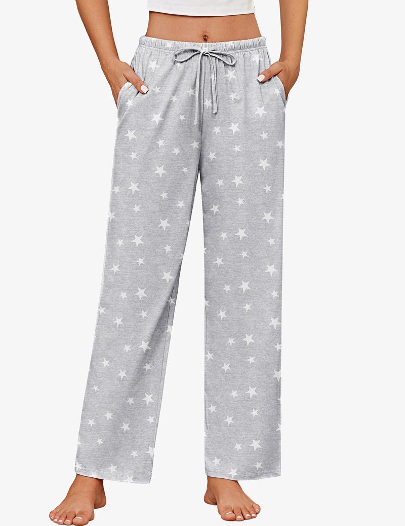 Light gray star print cotton pajama pants with elastic waist and drawstring