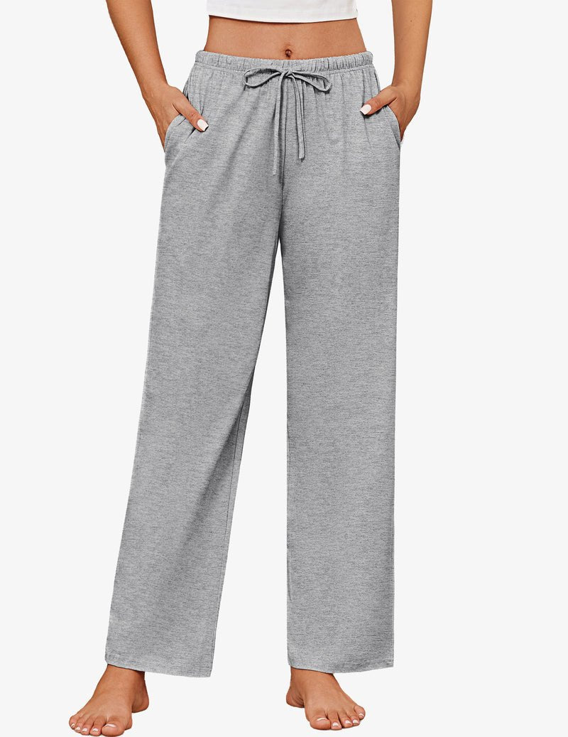 Heather grey cotton pajama pants with elastic waist and drawstring, wide straight fit