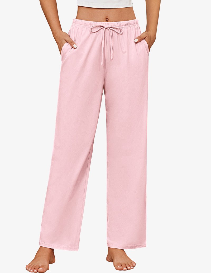 Pink cotton pajama pants with elastic waistband and drawstring, relaxed wide legs