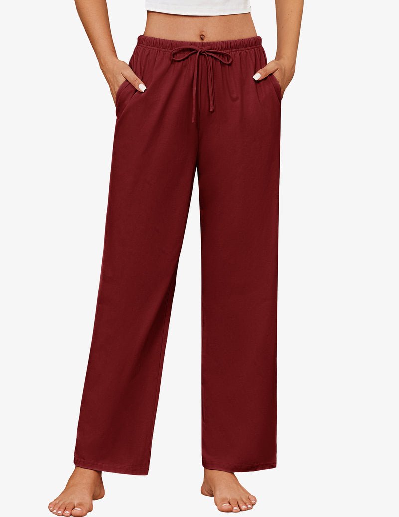 Burgundy red cotton pajama pants with elastic waistband and drawstring, wide legs