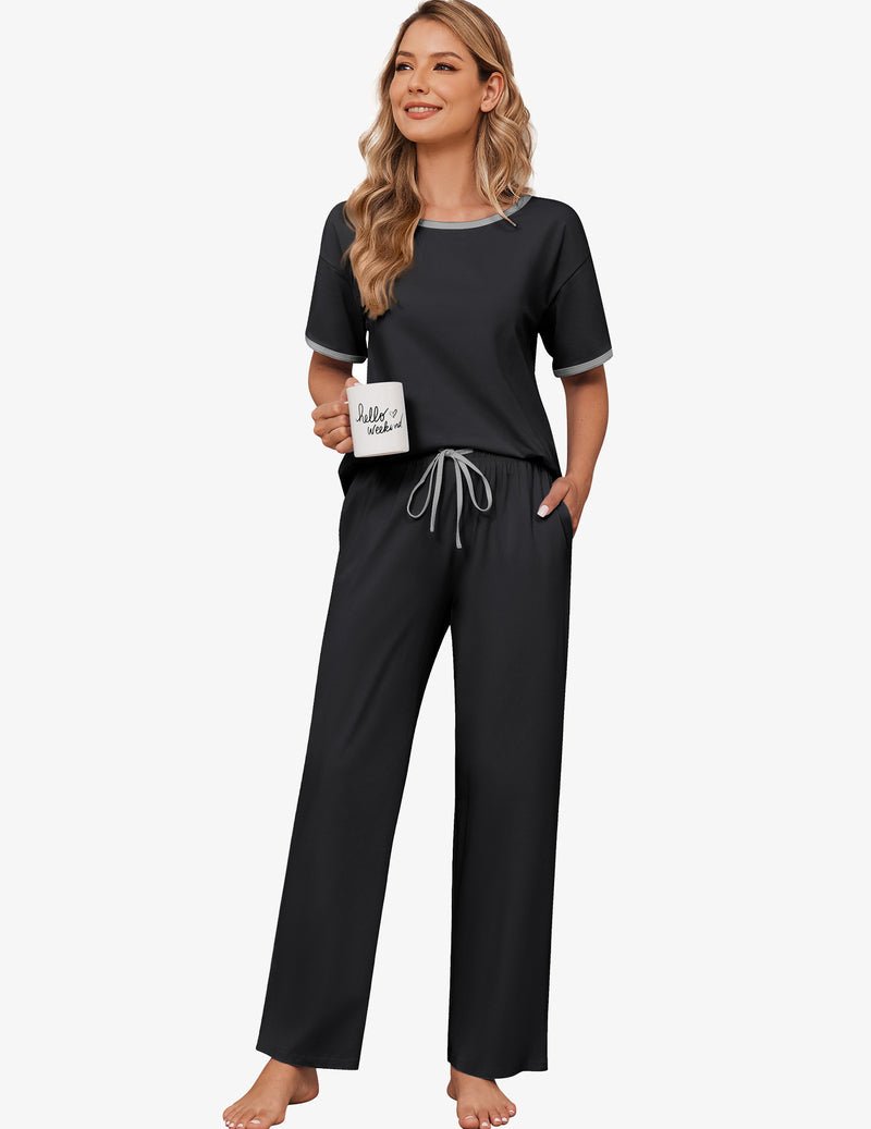 Black cotton pajama set with short-sleeve T-shirt top and long pants, drawstring