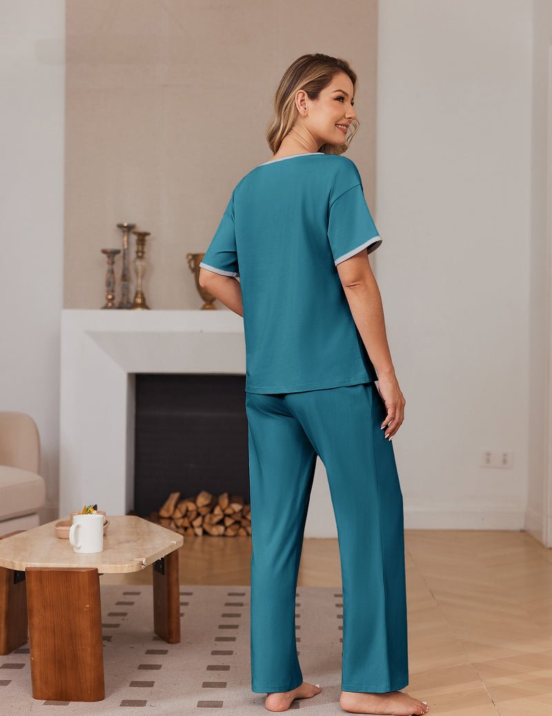 Teal pajama set shown from back: short-sleeve top and long straight pants