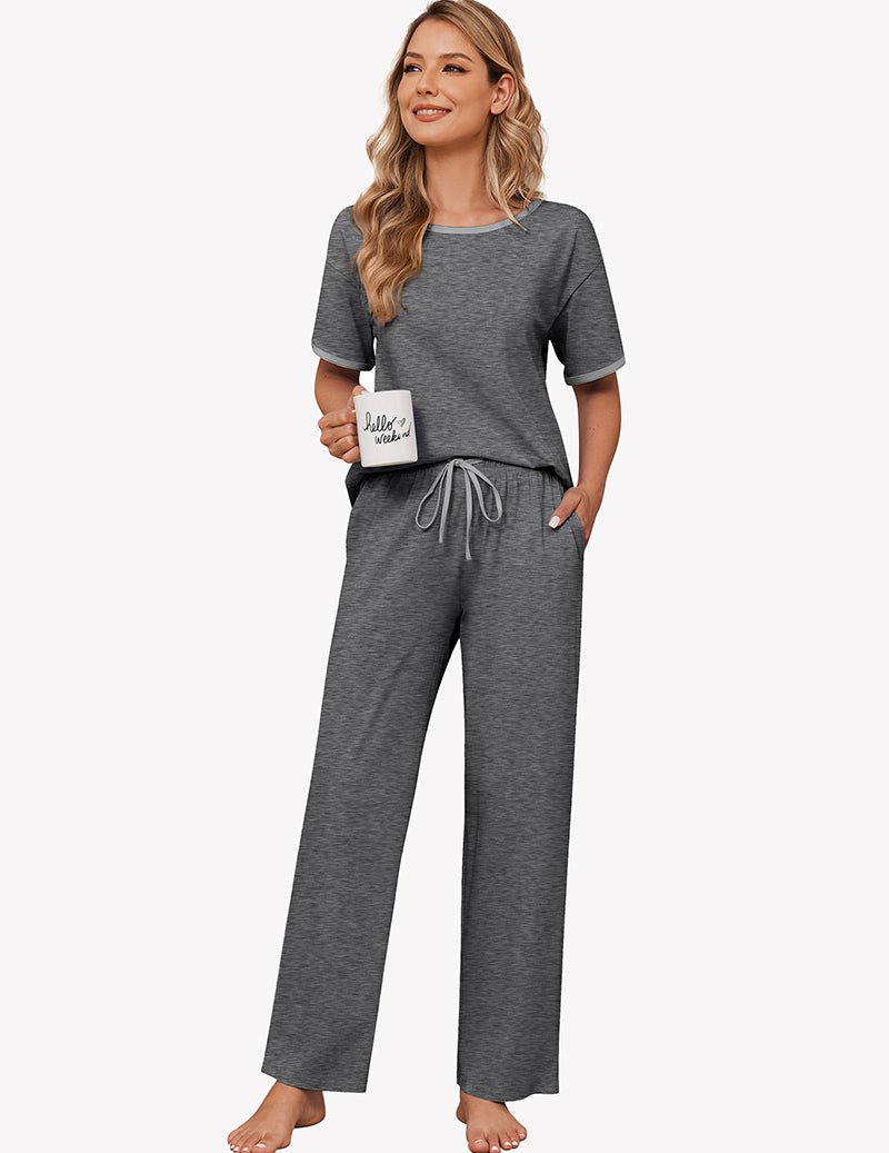 Grey cotton pajama set with short-sleeve top and long pants, drawstring waist