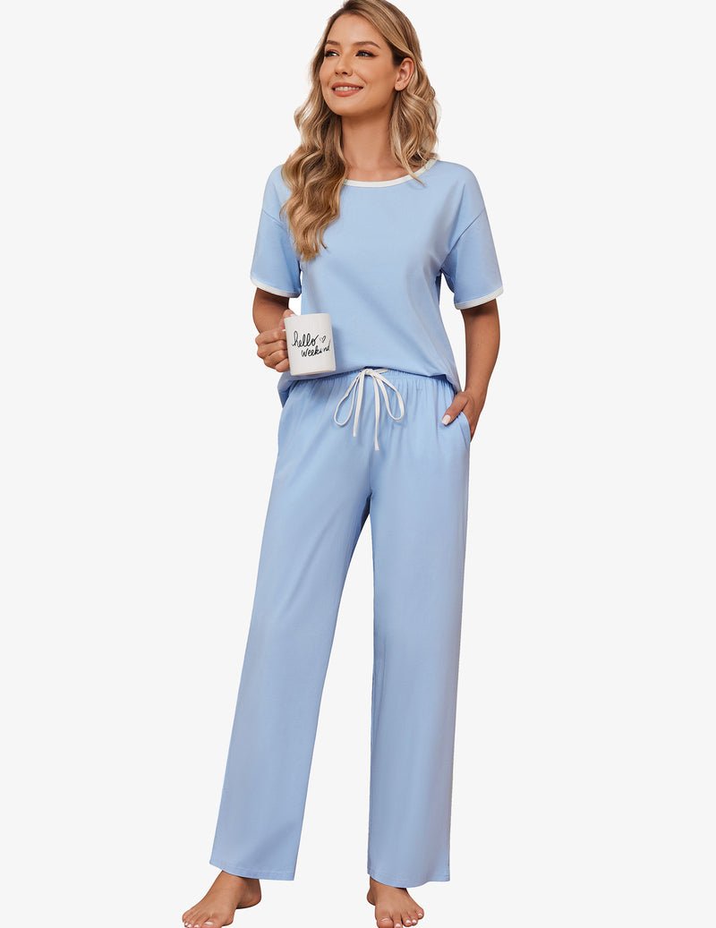 Light blue cotton pajama set with short-sleeve top and long drawstring pants