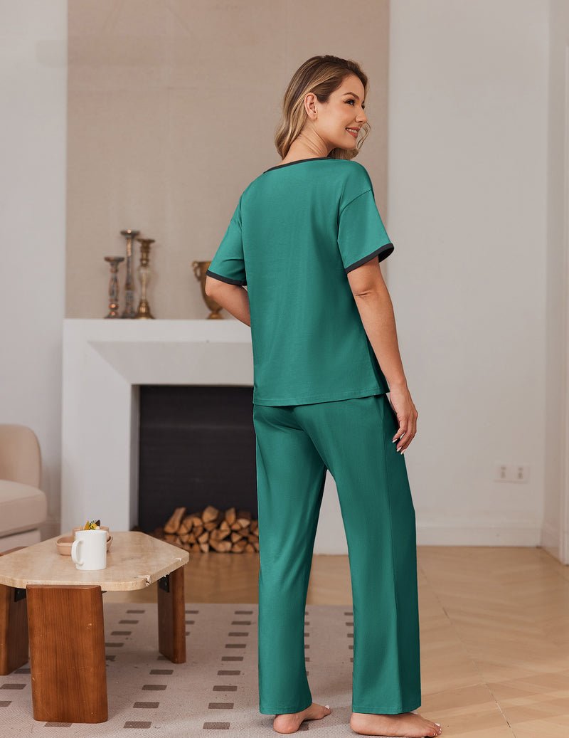 Blue green cotton pajama set with short-sleeve top and long pants