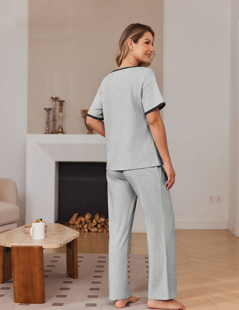 Grey pajama set showing back view of short-sleeve top and long pants