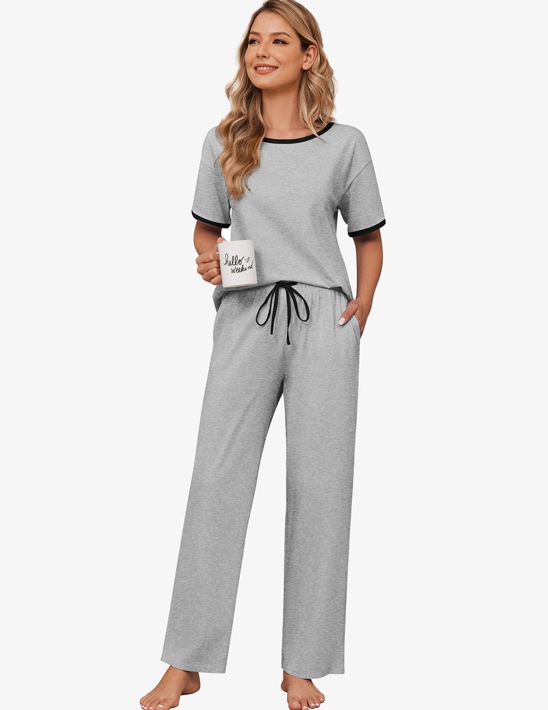 Grey cotton pajama set with short-sleeve top and long pants with drawstring