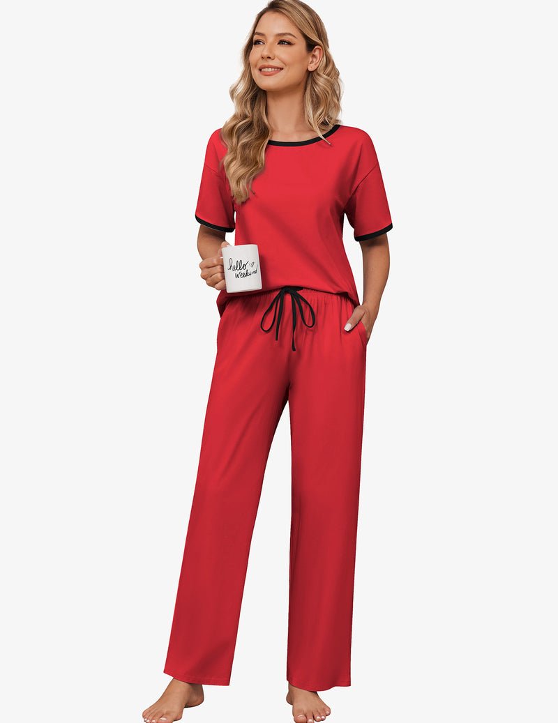 Red cotton pajama set: short-sleeve top with black-trim neckline and long drawstring pants