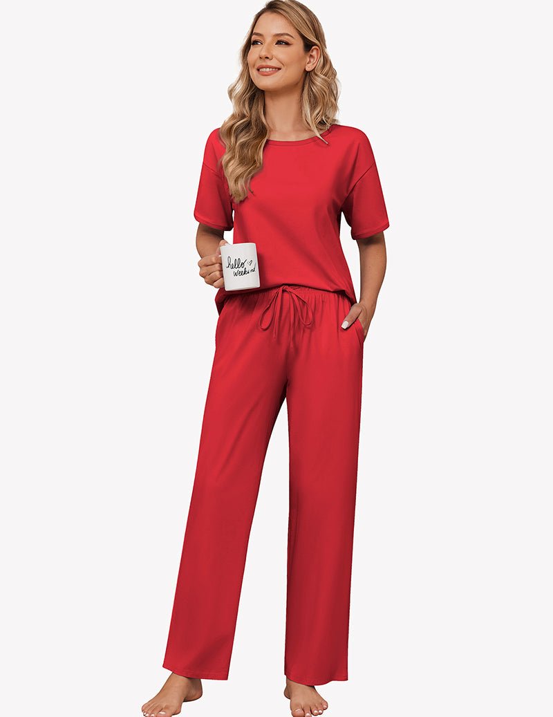 Red cotton pajama set: black-trimmed short-sleeve top and straight long drawstring pants