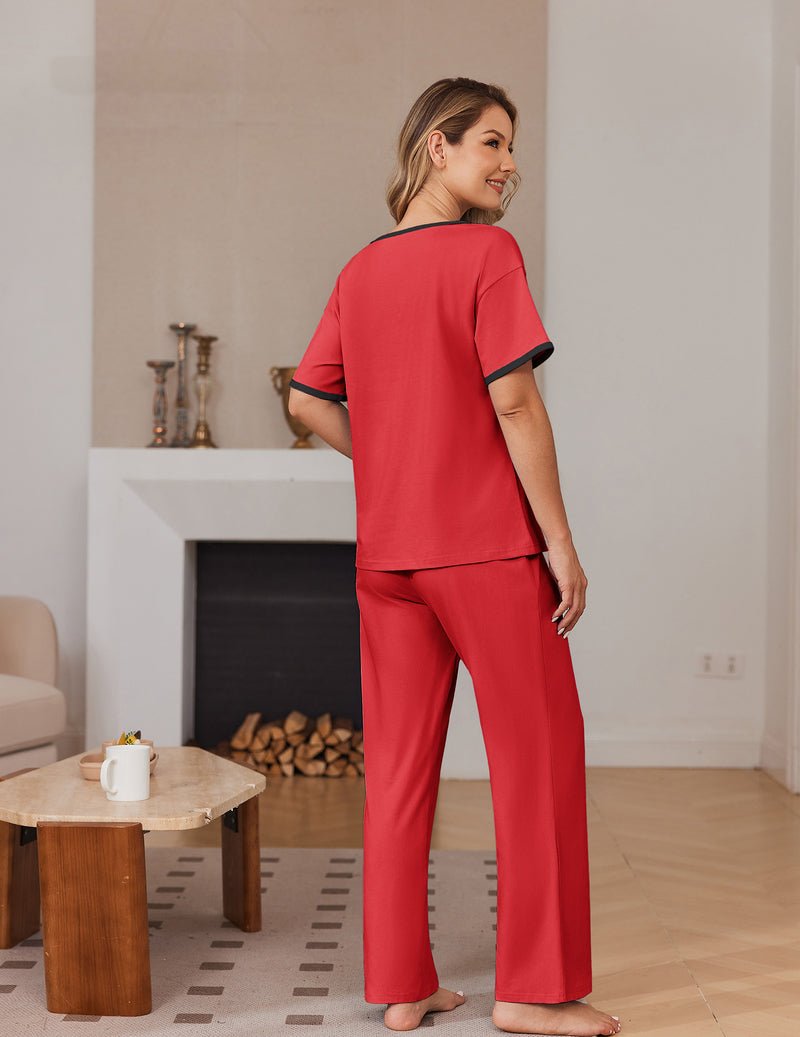 Red cotton pajama set, short-sleeve top and straight long pants with black trim