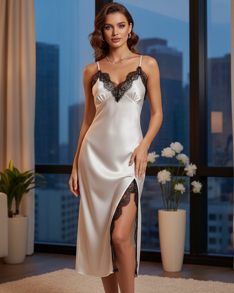 White silk lace slit nightgown with black trim, V-neck straps, and lace-trim hem slit