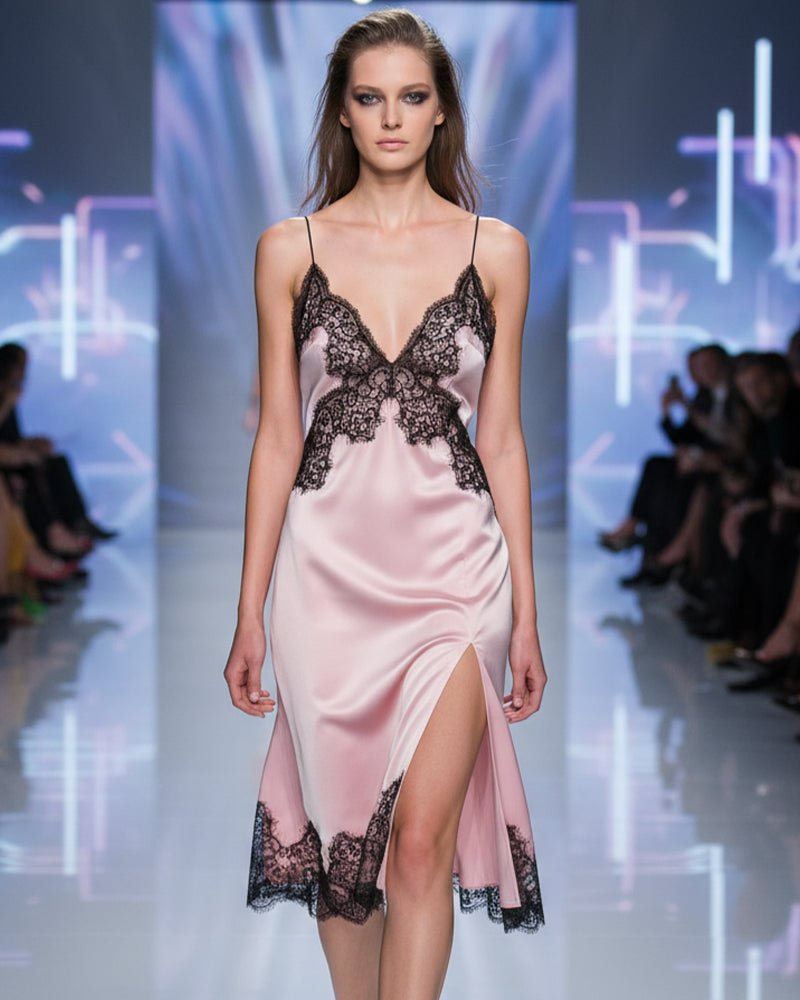 Pink mulberry silk long slip dress with black lace trim, V-neck straps