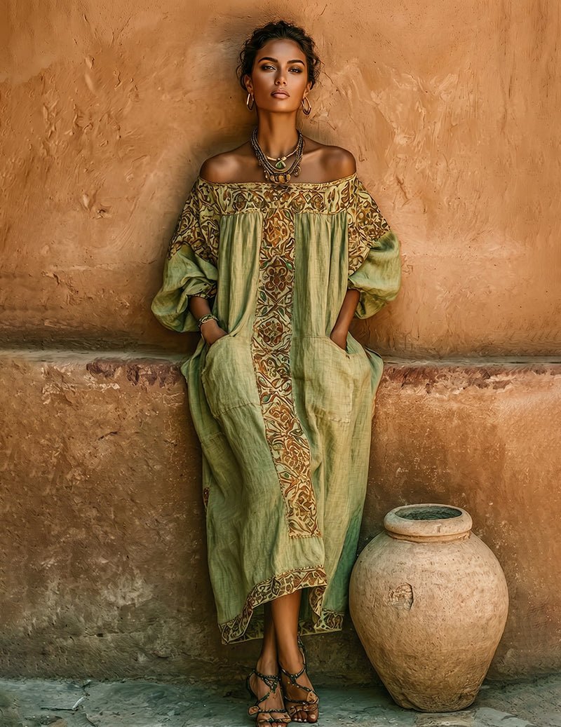Sage green off-shoulder embroidered maxi dress with gathered neckline and pockets