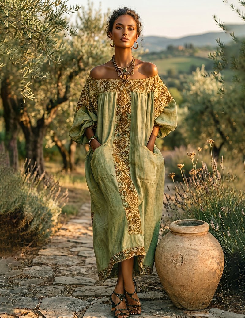 Ekouaer Linen Off-Shoulder Maxi Dress Sage Green / XXL