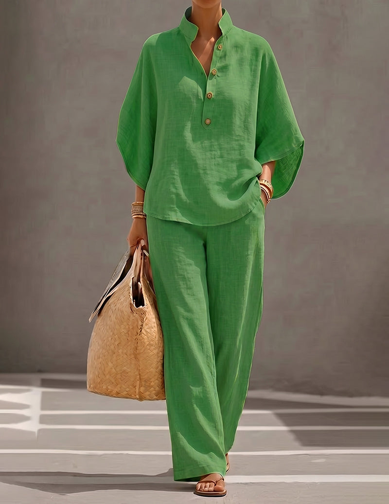 Linen Two Piece Set Mandarin Collar Batwing Sleeve Top & Wide Leg Pants