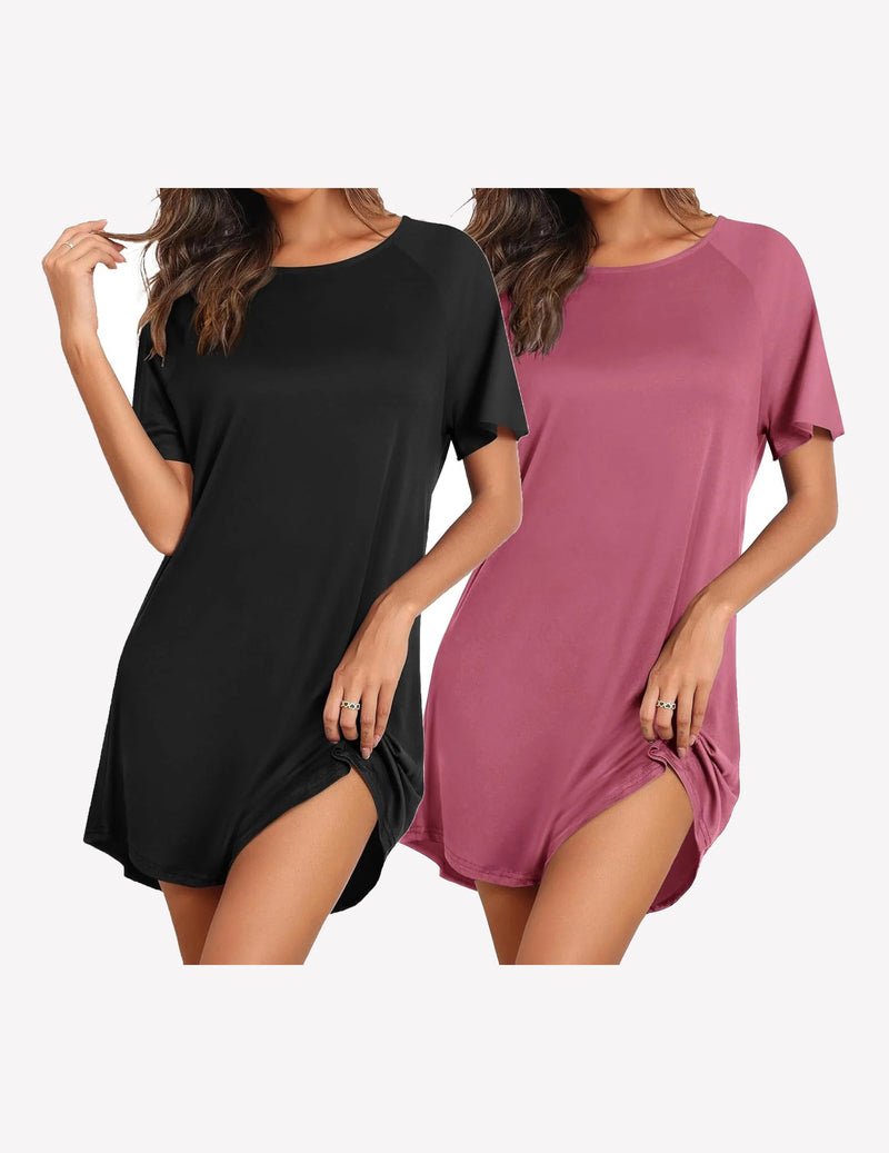 Sleep shirts: black and rose-mauve short-sleeve nightdress with side slit