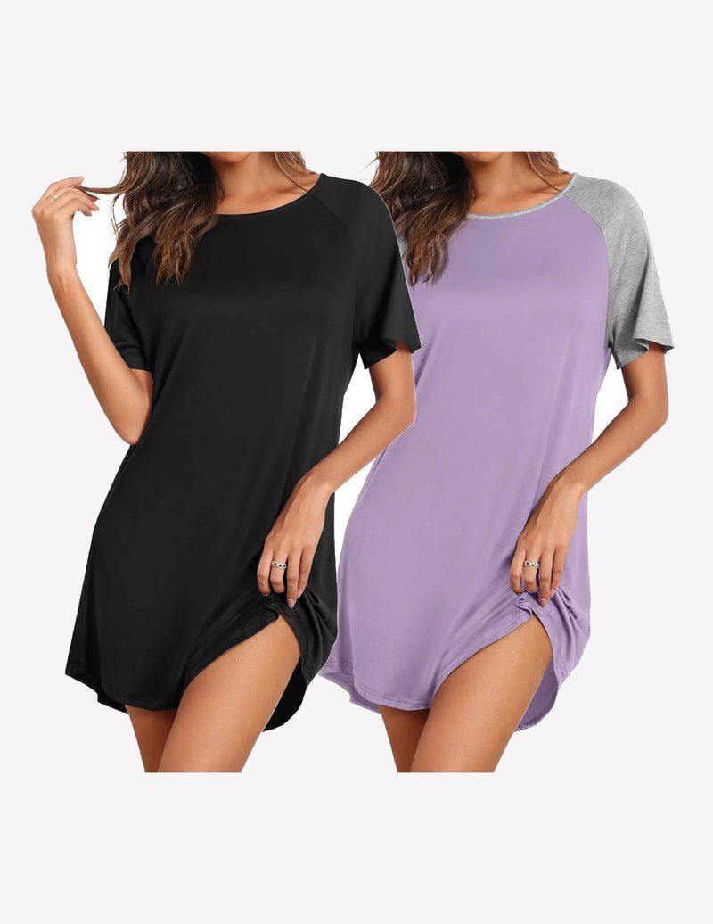 Sleep shirts: black and lavender short-sleeve nightdress with side slit