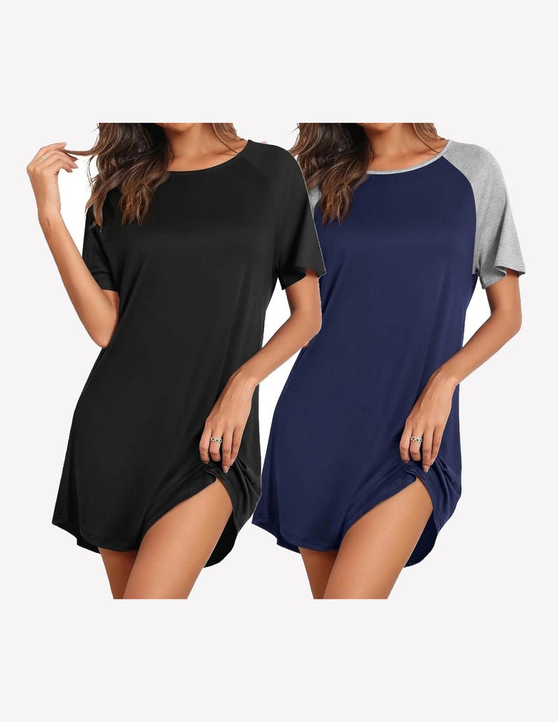 Sleep shirts: black and navy blue short-sleeve nightdress with side slit