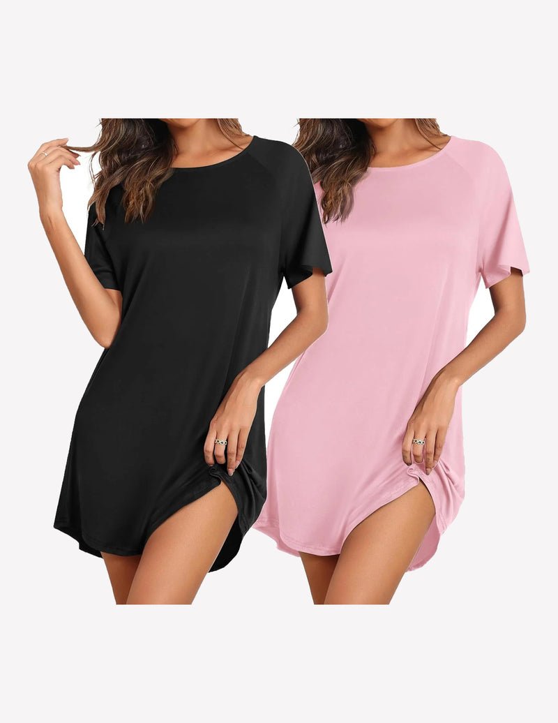 Sleep shirts: black and soft pink short-sleeve nightdress with side slit