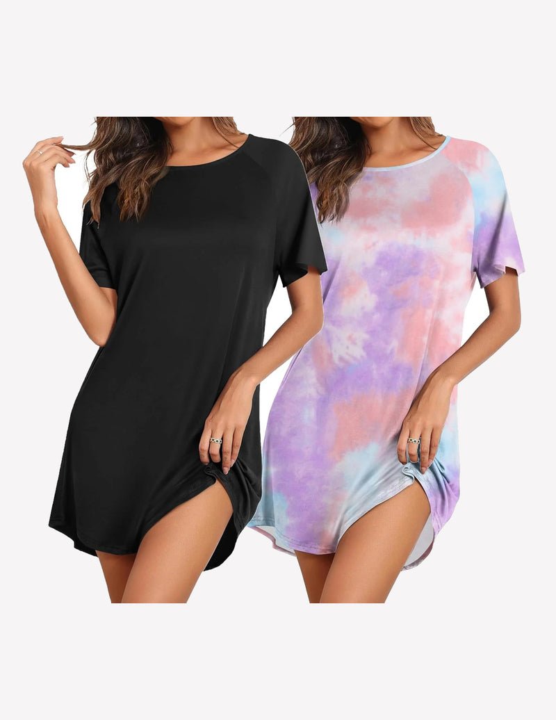 Sleep shirts: black and pastel tie-dye short-sleeve nightdress with side slit