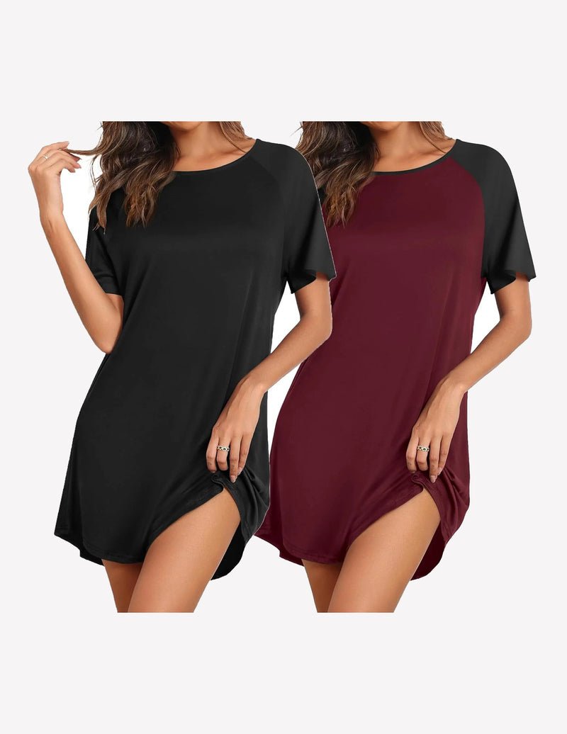 Sleep shirts: black and wine red short-sleeve nightdress with side slit