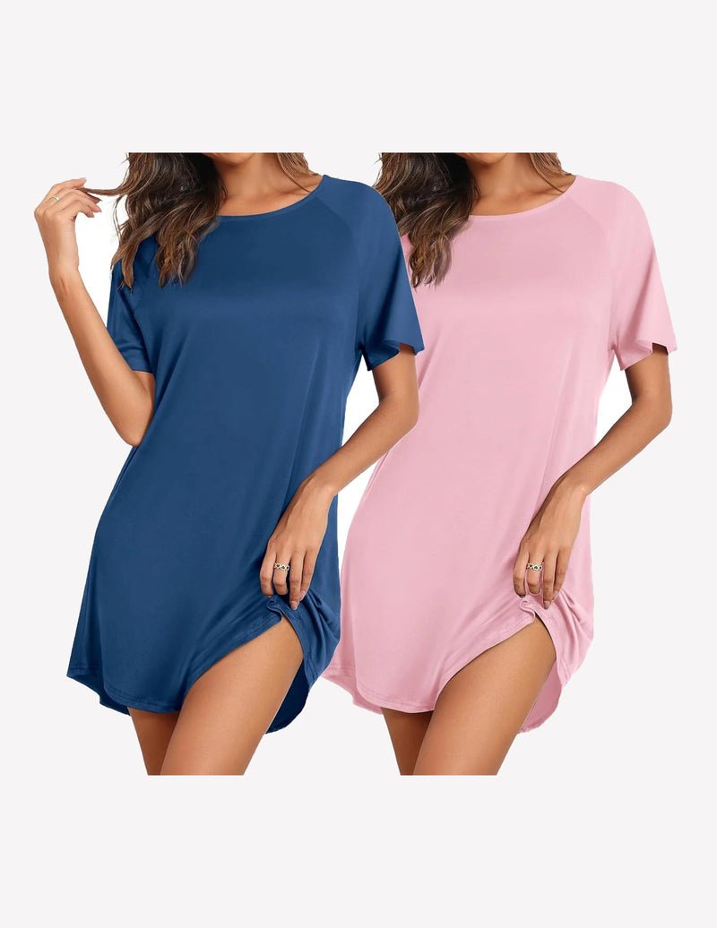 Set aus 2 Schlafshirts: blaues Kurzarmshirt und rosafarbenes Kurzarmshirt mit Seitenschlitz