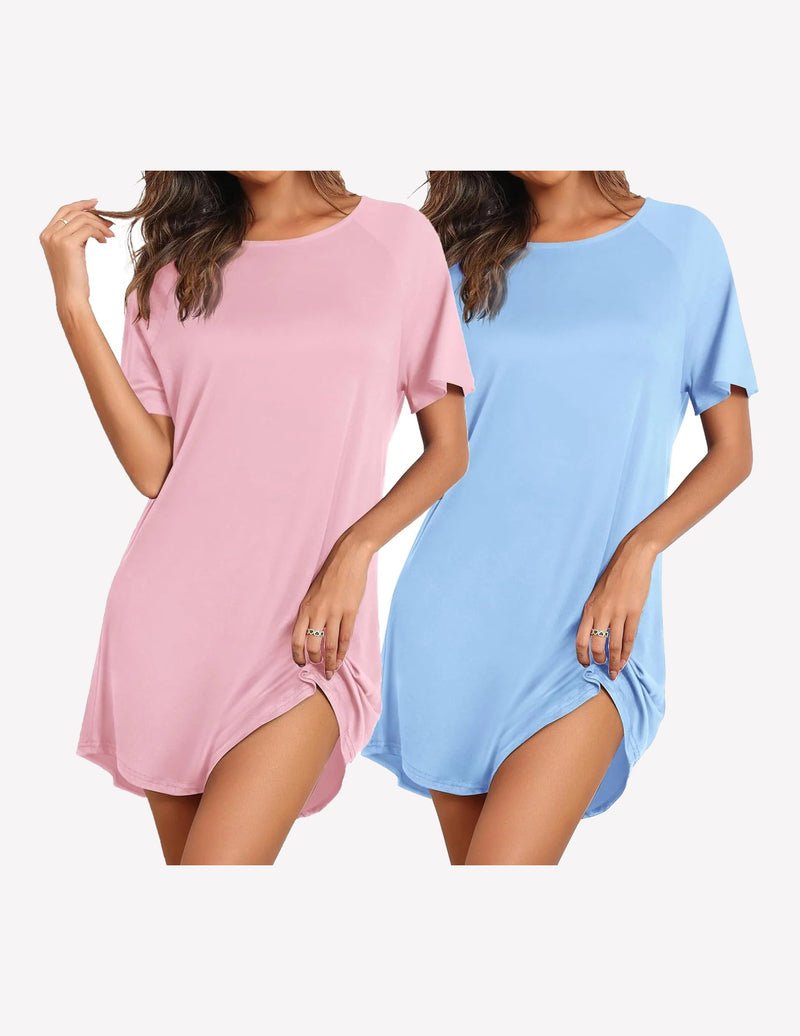 Sleep shirts: pink and light blue short-sleeve nightdress with side slit
