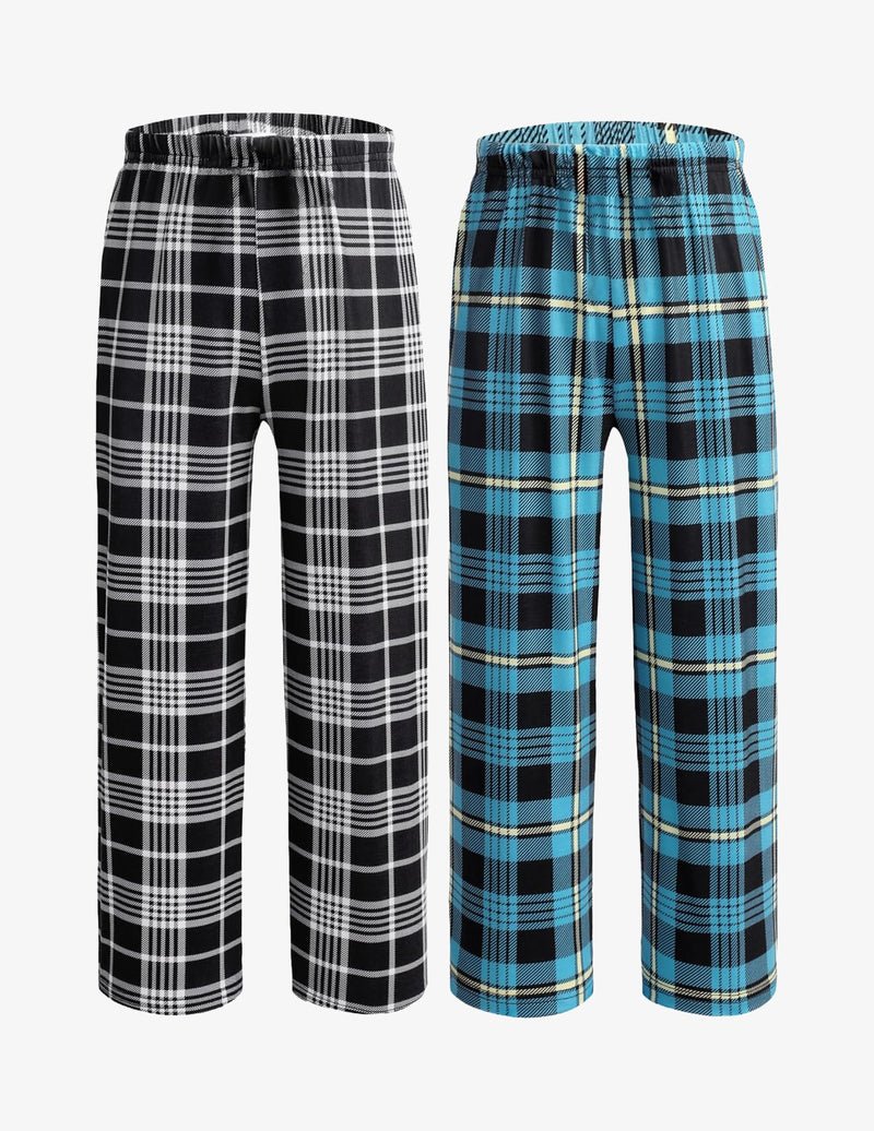 Boys’ pajama pants 2-pack: black-and-white check and blue plaid elastic waist